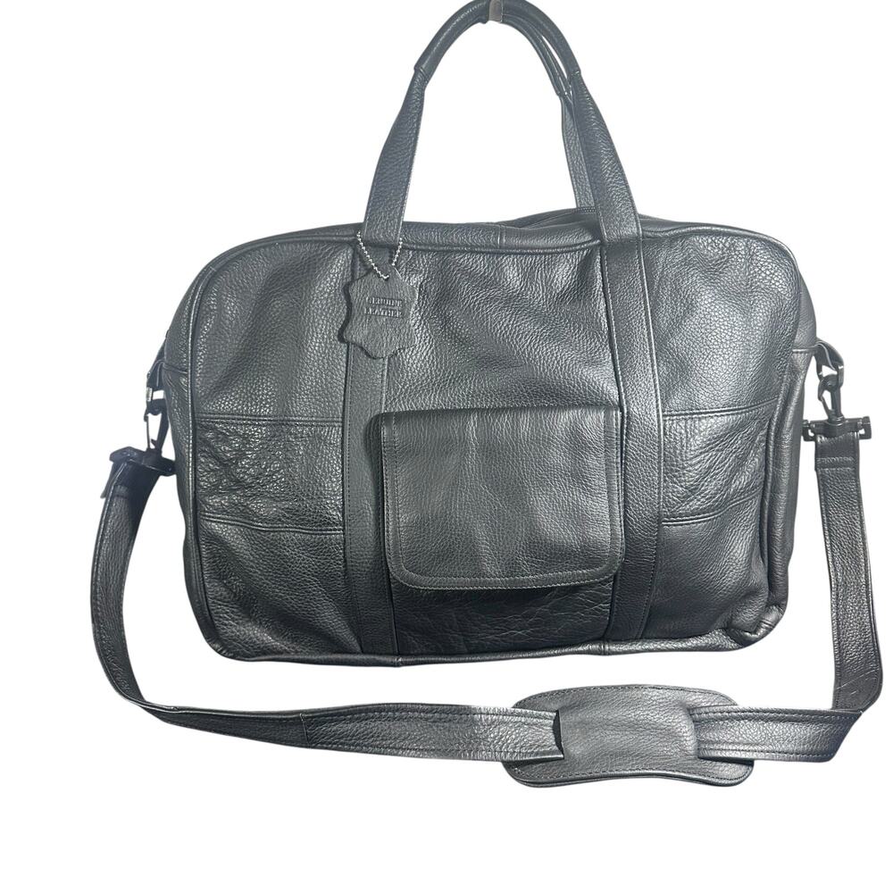 Caroll Black Leather Briefcase Laptop Work Bag with Shoulder Strap